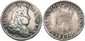 FRANCE, Royaume, Louis XIV (1643-1715), AR demi-écu de Flandre, 1687 L couronné, Lille. D/ B. dr. à d., coiffé d'une longue perruque au bas de laquell...