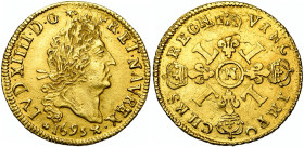 FRANCE, Royaume, Louis XIV (1643-1715), AV demi-louis d'or aux quatre L, 1695 N, Montpellier. 2e réformation. D/ T. laurée à d. R/ Croix formée de qua...