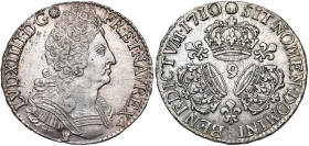 FRANCE, Royaume, Louis XIV (1643-1715), AR demi-écu aux trois couronnes, 1710 9, Rennes. D/ B. cuir. à d. R/ Trois couronnes posées en triangle, sépar...