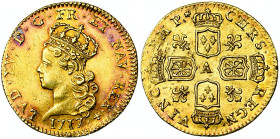 FRANCE, Royaume, Louis XV (1715-1774), AV demi-louis d'or de Noailles, 1717 A, Paris. D/ T. couronnée à g. R/ Deux écus de France et deux de Navarre c...