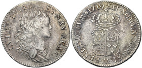 FRANCE, Royaume, Louis XV (1715-1774), AR écu de Navarre, 1719 AA, Metz. D/ B. enfantin à d., l., dr. et cuir. R/ Ecu écartelé de France-Navarre, écha...