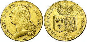 FRANCE, Royaume, Louis XVI (1774-1793), AV double louis d'or à la tête nue, 1790 M, Toulouse. D/ T. nue à g., les cheveux longs. R/ Ecus accolés de Fr...