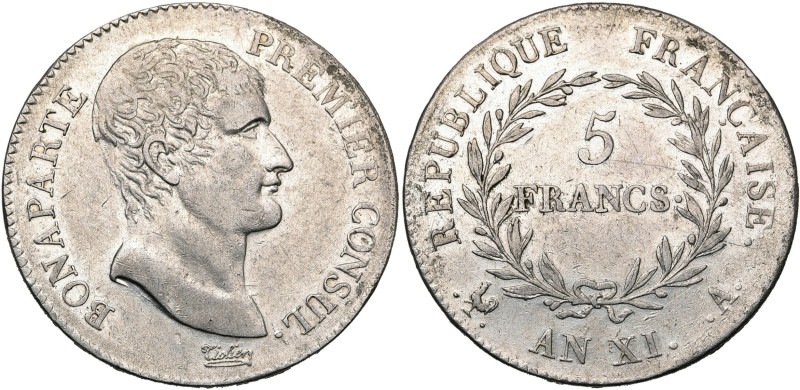 FRANCE, Consulat (1799-1804), AR 5 francs, an XI A, Paris. Bonaparte Premier Con...