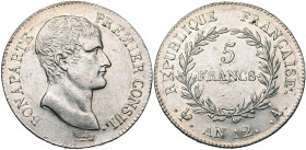 FRANCE, Consulat (1799-1804), AR 5 francs, an 12 A, Paris. Gad. 577. Nettoyé. Petits coups.

Superbe