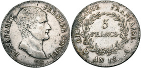 FRANCE, Consulat (1799-1804), AR 5 francs, an 12 A, Paris. Gad. 577. Nettoyé. Coups au droit.

Très Beau