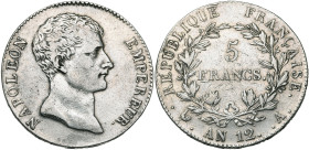 FRANCE, Napoléon Ier (1804-1814), AR 5 francs, an 12 A, Paris. Gad. 579. Nettoyé.

presque Très Beau