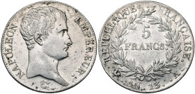 FRANCE, Napoléon Ier (1804-1814), AR 5 francs, an 13 A, Paris. Gad. 580. Nettoyé. Petites taches.

Très Beau