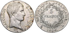 FRANCE, Napoléon Ier (1804-1814), AR 5 francs, 1806 L, Bayonne. Gad. 581. Nettoyé. Petites taches.

Très Beau