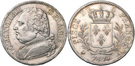 FRANCE, Louis XVIII, première restauration (1814-1815), AR 5 francs, 1814 A, Paris. Gad. 591; Dav. 86. Griffe au droit. Petits coups sur la tranche.
...