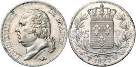 FRANCE, Louis XVIII, seconde restauration (1815-1824), AR 5 francs, 1822 W, Lille. Gad. 614. Nettoyé.

Très Beau à Superbe