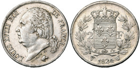 FRANCE, Louis XVIII, seconde restauration (1815-1824), AR 2 francs, 1824 W, Lille. Gad. 513. Nettoyé.

Très Beau à Superbe