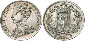 FRANCE, Henri V, prétendant (1820-1883), AR 1 franc, 1831. Tranche cannelée. Gad. 451; V.G. 2705. Fines griffes.

Superbe