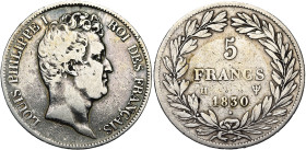 FRANCE, Louis-Philippe (1830-1848), AR 5 francs, 1830 H, La Rochelle. Gad. 676. Rare. Taches au revers.

Beau à Très Beau