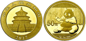 CHINA, People's Republic (1949-), AV 50 yuan, 2017. Panda. 3,00 g. Fine gold.

Proof