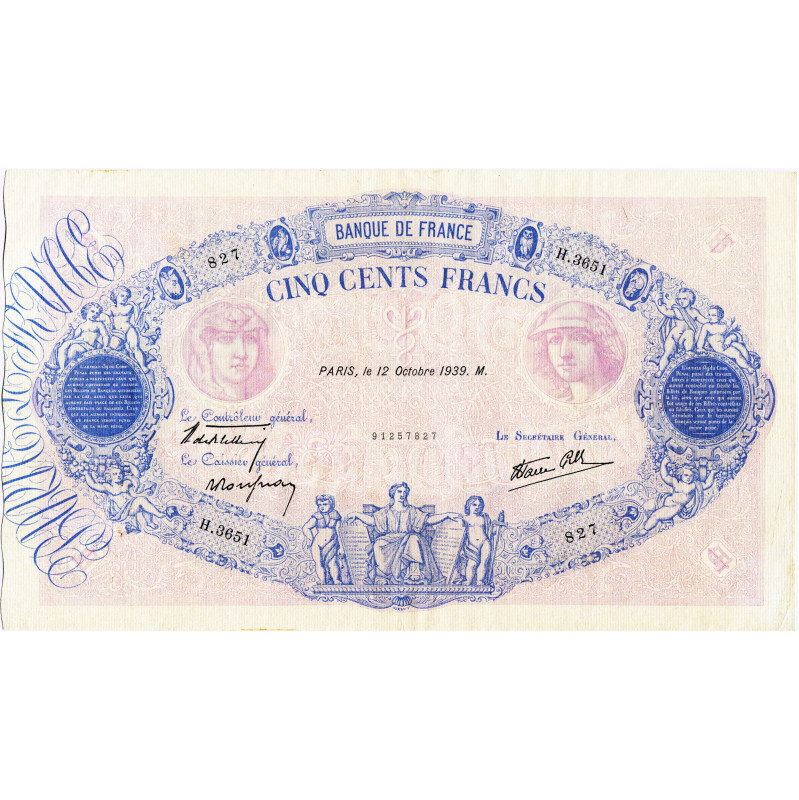 FRANCE, Banque de France, 500 francs, 12.10.1939. Pick 88c. Rare. Trous d'épingl...