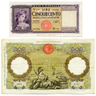 ITALIE, lot de 2 billets: 100 lire, 30.04.1936 (Beau à Très Beau, plié); 500 lire, 20.03.1947 (série W, rare, Superbe, légèrement corné). Pick 55a, 80...