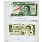 lot de 4 billets britanniques: Bahamas, 3 dollars 1974; East Carribean States, 5 dollars s.d. (2000); Gibraltar, 5 pounds 1975 (specimen); Sainte-Hélè...