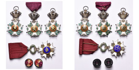 BELGIQUE, Ordre de Léopold, lot de 3 croix de chevalier, avec couronne du 2e modèle de Buls repris ensuite par Heremans: une à titre militaire (sans r...