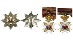 NORVEGE, Ordre de Saint-Olav, ensemble de grand-croix, 1er modèle (1847-1906): bijou en or au monogramme d’Oscar Ier (56 mm, une boule manquante à une...