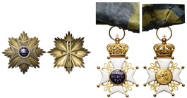 PAYS-BAS, Ordre du Lion néerlandais, ensemble de grand-croix: bijou en or (58 mm); plaque en vermeil et argent (80 mm), avec épingle en forme de fourc...