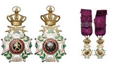 BELGIQUE, Ordre de Léopold, croix de commandeur à titre militaire, modèle unilingue en métal doré (53 mm). Sans bélière ni cravate. Vendu avec sa mini...