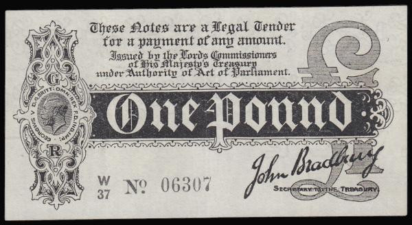 One Pound Bradbury black on white issued 1914 Duggleby T3.2 series W/37 06307, G...