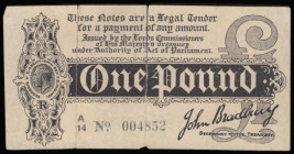 One Pound Bradbury First Issue T3.3 Black Six-digit serial number Dot in No. 1914 series A/14 004852 probably Fine for wear but has been repaired (re-...