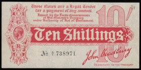 Ten Shillings Bradbury T9 De la Rue r No. in ornate font Six digit serial F 1914, A/2 738971 GVF with faint number 31 top right, rare in these higher ...