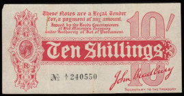 Ten Shillings Bradbury T9 First issue Dash in No. ornate font and 6 digit serial issued 1914 serial number A/1 240550, Fine pencilled annotation rever...