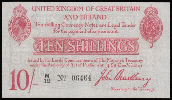 Ten Shillings Bradbury T12 Type 1 issued 1915, series M/12 06464, portrait King ...