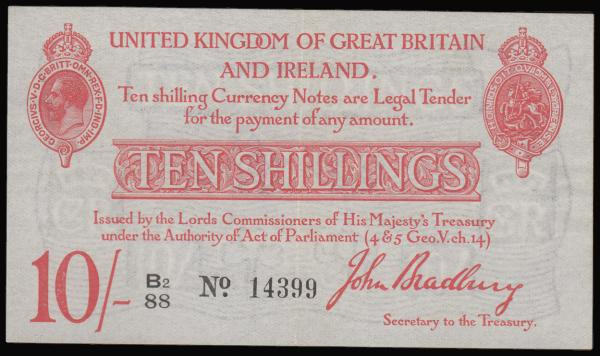 Ten Shillings Bradbury T12 Type 2 issued 1915, series B2/88 14399, portrait King...