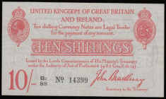 Ten Shillings Bradbury T12 Type 2 issued 1915, series B2/88 14399, portrait King George V at top left, (Pick348a), GVF
Estimate: GBP 250 - 500