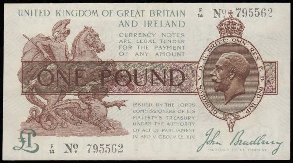 One Pound Bradbury T16 issued 1917 series F/14 795562, (Pick351), EF
Estimate: ...