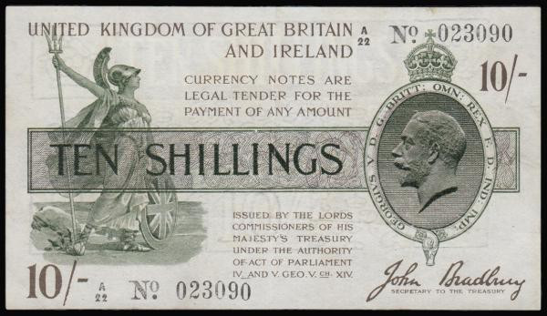 Ten Shillings Bradbury T17 issued 1918 black serial A/22 023090, No. with dot, (...