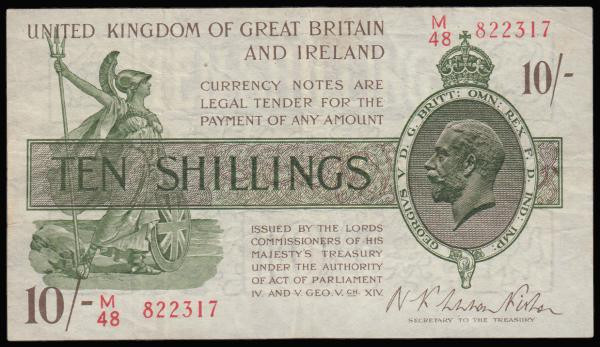 Ten Shillings Fisher T30 Second Issue Red Serial Number, No. omitted, issued 192...