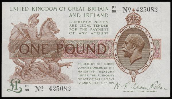 One Pound Warren Fisher T32 P1/69 425082 square dot type, issued 1923, Unc desir...