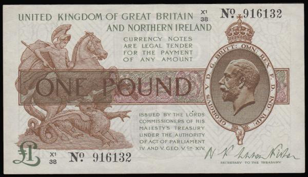 One Pound Warren Fisher T34 issued 1927, last series X1/38 916132, No. with dot,...