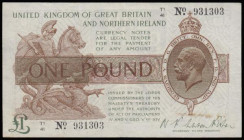 One Pound Warren Fisher T34 issued 1927, series T1/81 931303, No. with dot, portrait King George V at right, Northern Ireland Issue, (Pick361a), GVF s...