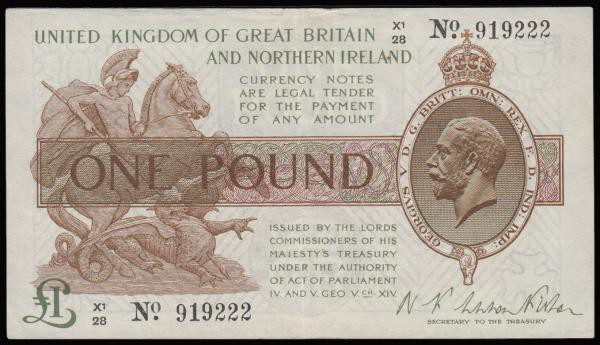 One Pound Warren Fisher T34 issued 1927, series X1/28 91922, No. with dot, portr...