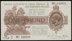 One Pound Warren Fisher T34 issued 1927, series X1/28 91922, No. with dot, portrait King George V at right, Northern Ireland Issue, (Pick361a), VF or ...