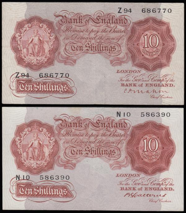 Ten Shillings (2) Mahon B210 issued 1928 series Z94 686770 VF and Catterns B223 ...