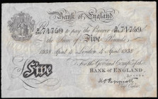 Five Pounds Peppiatt B241 Operation Bernhard German forgery dated 4th April 1938 series B/200 71759, Good VF with stains
Estimate: GBP 30 - 40