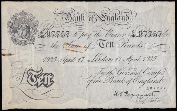 Ten Pounds Peppiatt London 17 April 1933 B242 K/146 87757 VF but with rust marks...