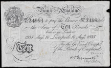 Ten Pounds Peppiatt white B242 Liverpool 10th August 1935 157/V 34991, VF with some faint numbers front, a seldom offered issue
Estimate: GBP 750 - 1...