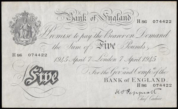 Five Pounds Peppiatt 7 April 1945, B255 thick paper, serial number H86 074422,VF...