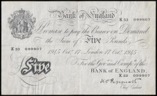 Five Pounds Peppiatt white B255 thick paper dated 17 October 1945 prefix K53,a VF bank stamp reverse
Estimate: GBP 70 - 120