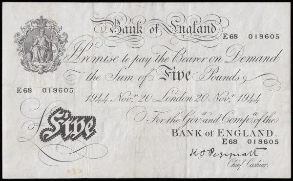 Five Pounds Peppiatt white B255 thick paper dated 20th November 1944 series E68 ...