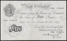 Five Pounds Peppiatt white B255 thick paper dated 20th November 1944 series E68 018605, VF faint penned number front bottom
Estimate: GBP 70 - 110