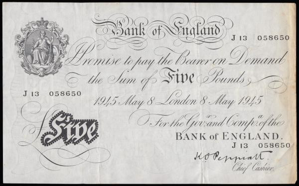 Five Pounds Peppiatt white B255 thick paper dated 8 May 1945 prefix J13, VF some...
