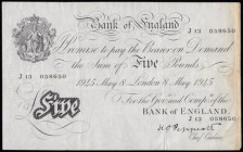 Five Pounds Peppiatt white B255 thick paper dated 8 May 1945 prefix J13, VF some brown discolouration right edge
Estimate: GBP 60 - 110